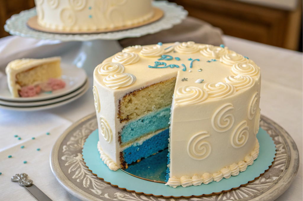 Gender reveal cake with blue inside.