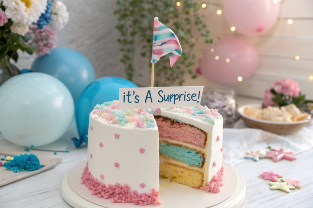 Cake gender reveal being cut open.