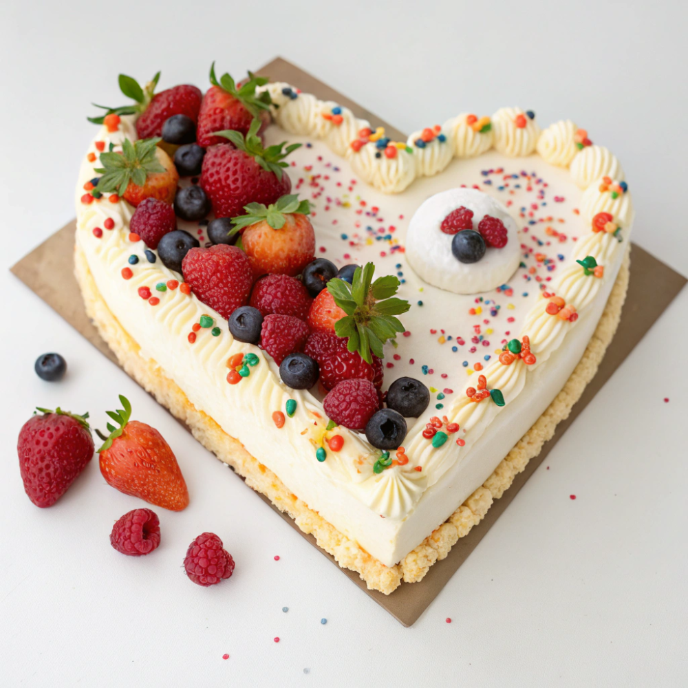 Beautiful heart shaped cake on a stand ready to share.