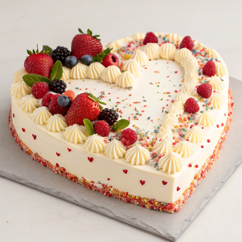 A delicious heart-shaped cake with a creamy frosting and pretty decorations.