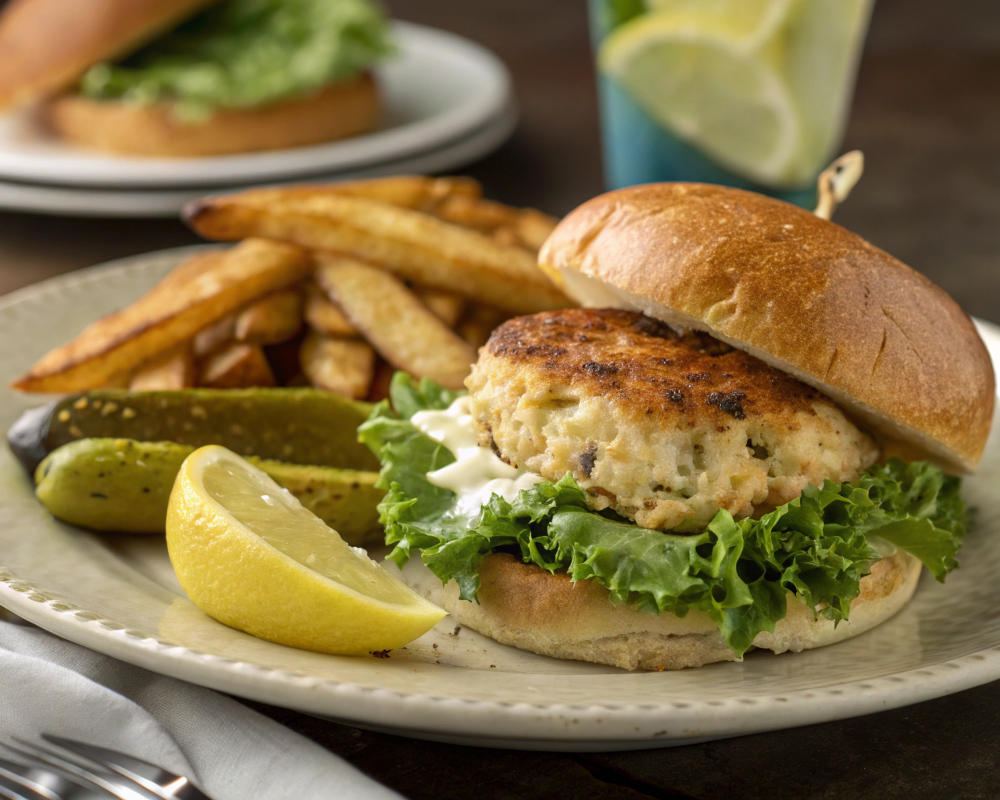 A flavorful crab cake sandwich for dinner.