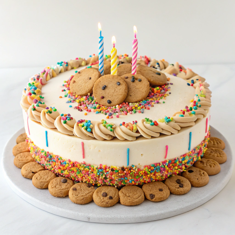 Delicious cookie cake with colorful frosting and sprinkles on a cake stand.