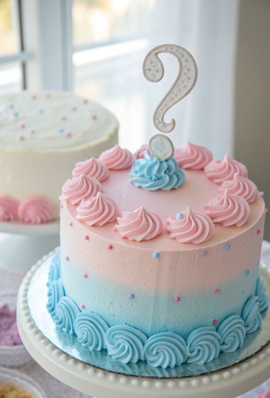 A delicious gender reveal cake with pink and blue decorations, ready for the big reveal.