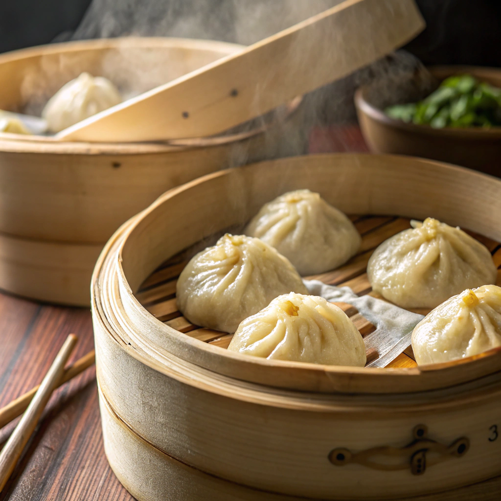 Delicious vegetarian soup dumplings ready to be enjoyed