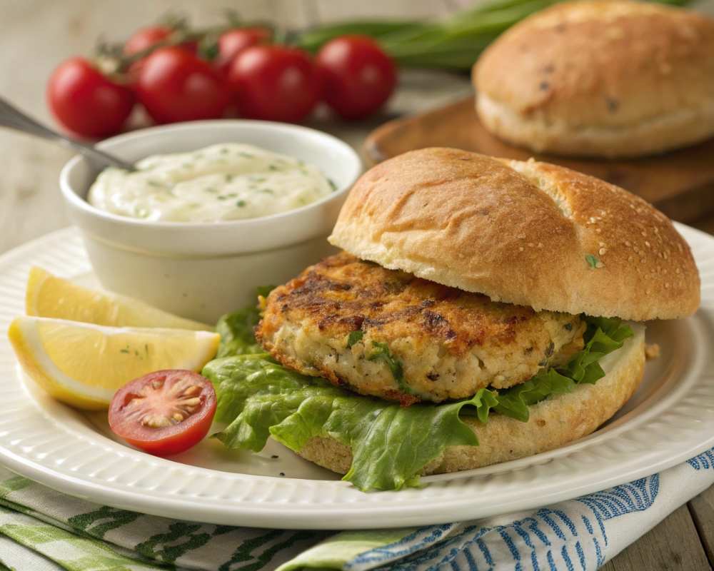 A crab cake sandwich dinner, showing what do you eat on a crab cake sandwich for dinner.