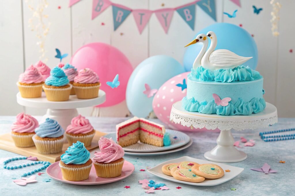 Gender reveal food ideas featuring pink and blue.