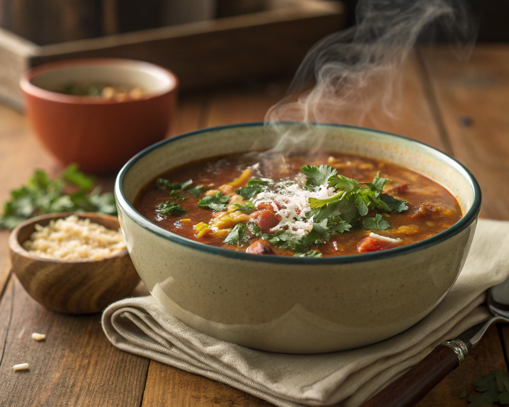 Close-up of a slow cooker filled with hearty busy day soup.