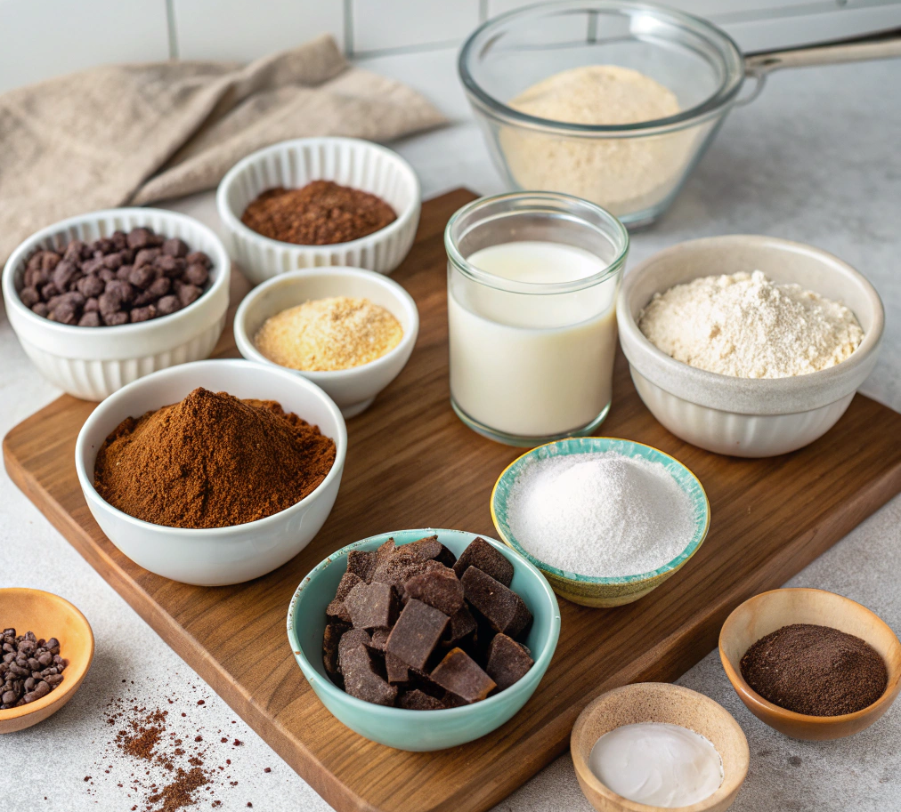 Vegan chocolate cake recipe ingredients on a kitchen counter.