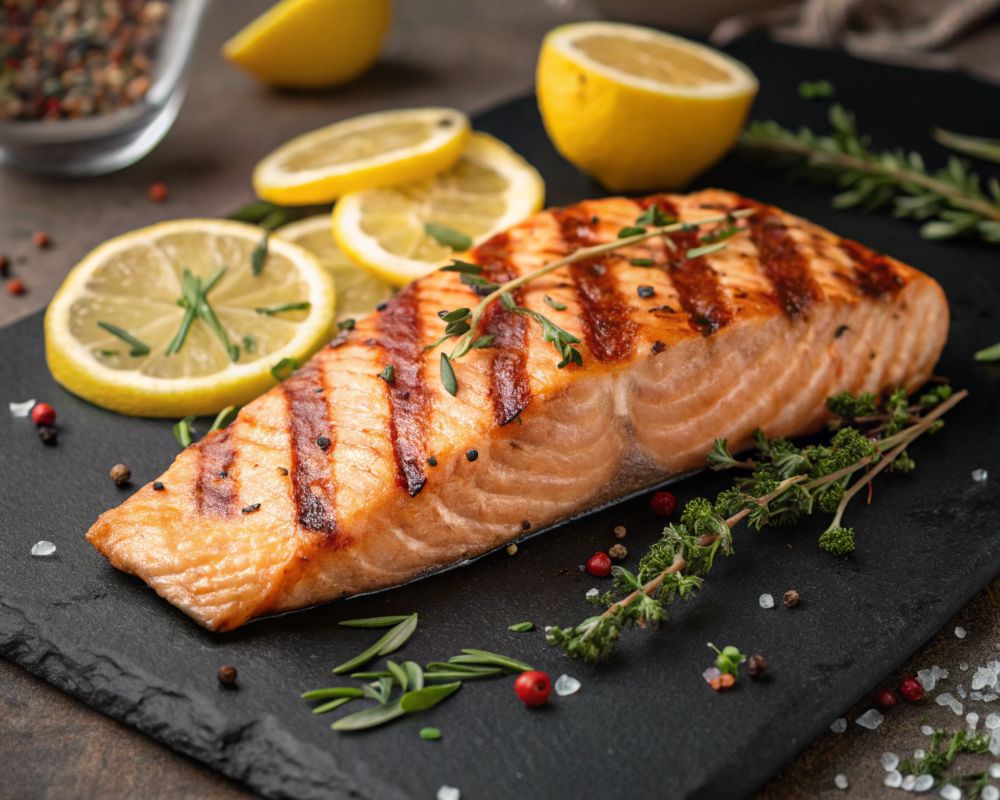 Perfectly Grilled Salmon fillet with grill marks, garnished with lemon and herbs.