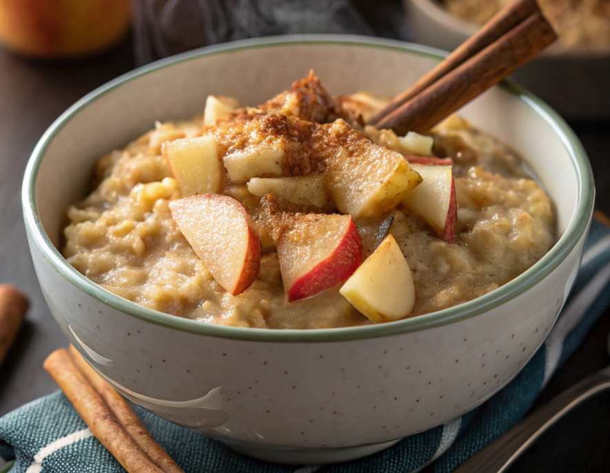 Delicious Oatmeal with Apples in a bowl, top view.