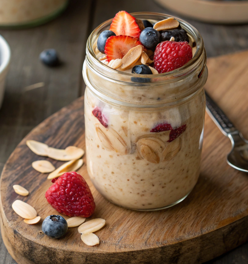  Jar of Overnight Oats with Almond Butter and fruit.