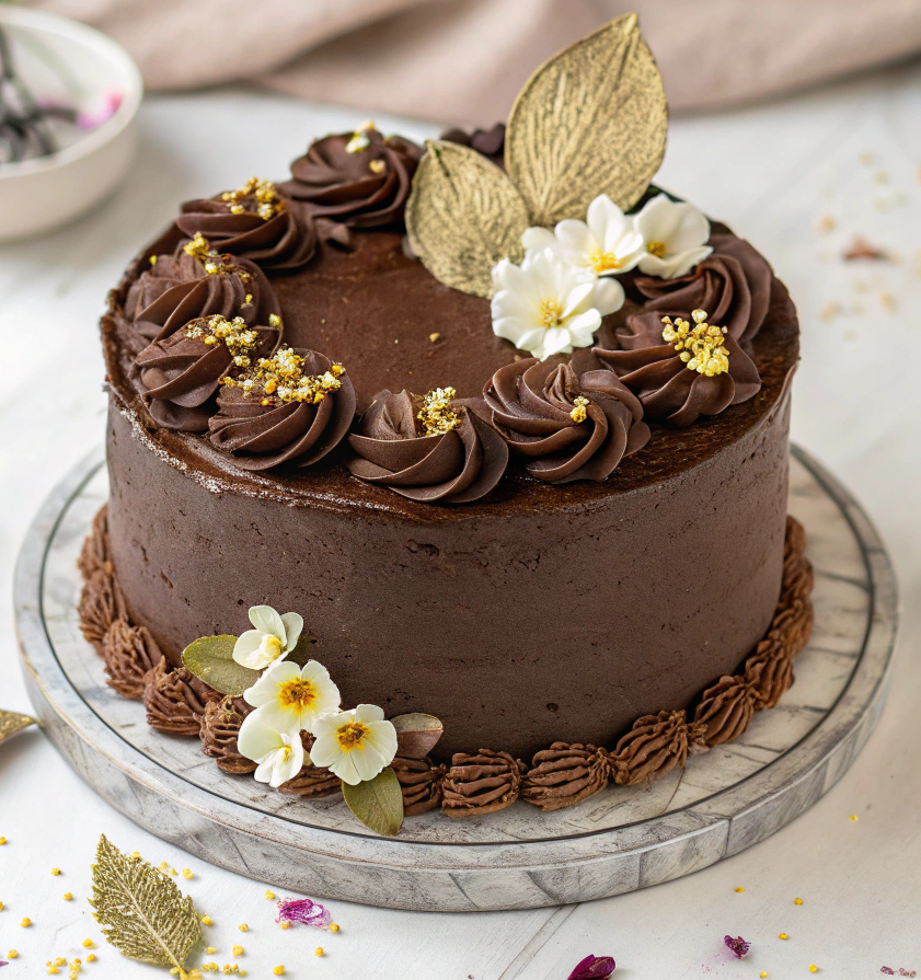 Delicious slice of vegan chocolate cake on a plate.