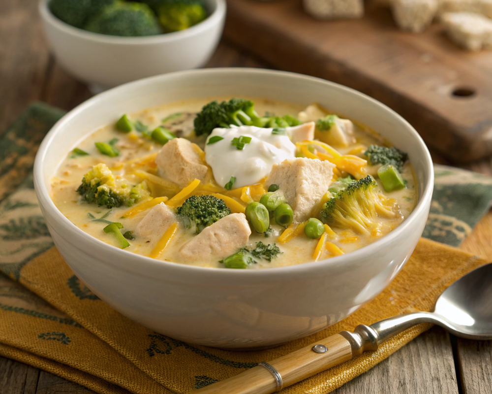 Bowl of homemade chicken broccoli cheddar soup