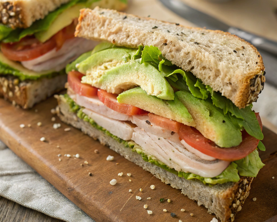 Delicious turkey avocado sandwich on whole wheat bread, close-up.