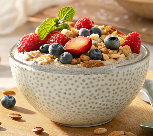 Creamy Chia Pudding with Coconut Milk and Overnight Oats with Almond Butter ready to eat.