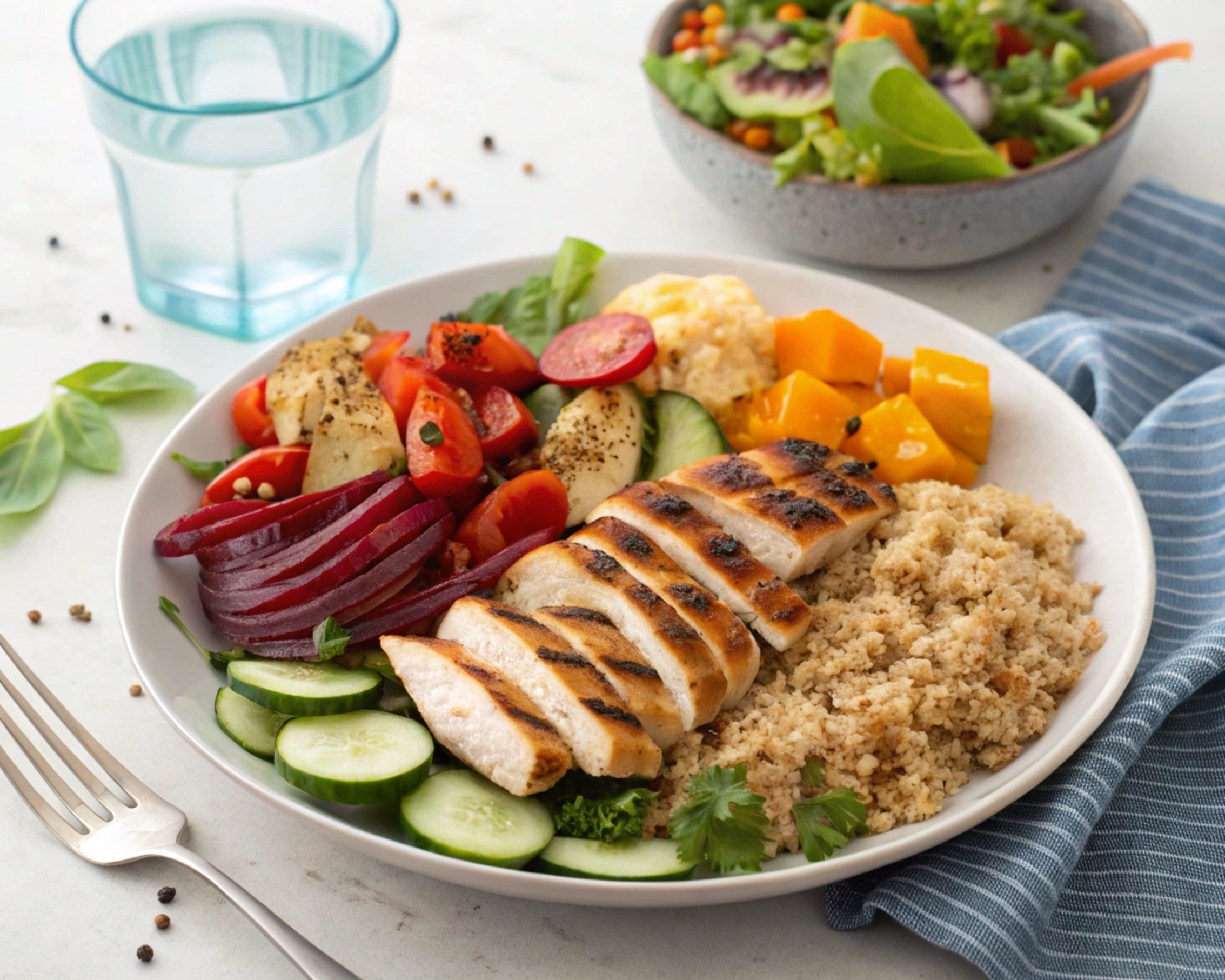 Balanced evening meal with salmon, quinoa, and vegetables.