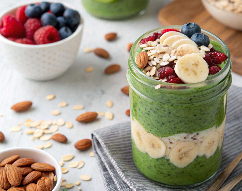 Creamy Spinach Smoothie Overnight Oats with Almond Butter.