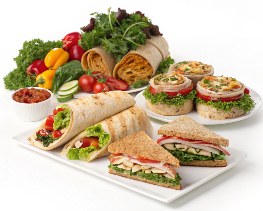 Quick lunch options spread with sandwiches, salads, and wraps for a healthy midday meal.