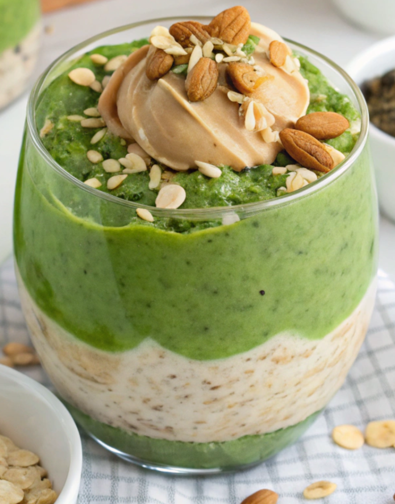 Creamy Spinach Smoothie Overnight Oats with Almond Butter.