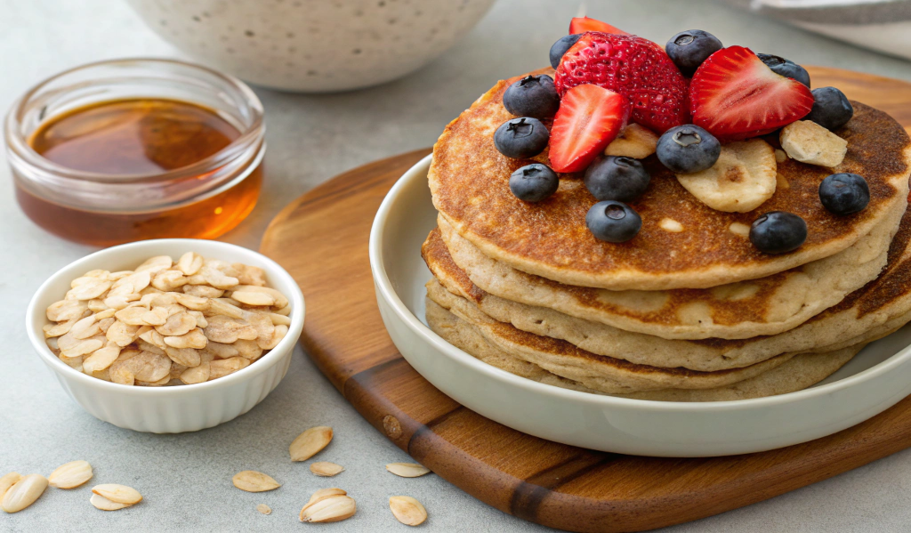 Whole Wheat Pancakes with Fruit and Overnight Oats with Almond Butter - Healthy Breakfast