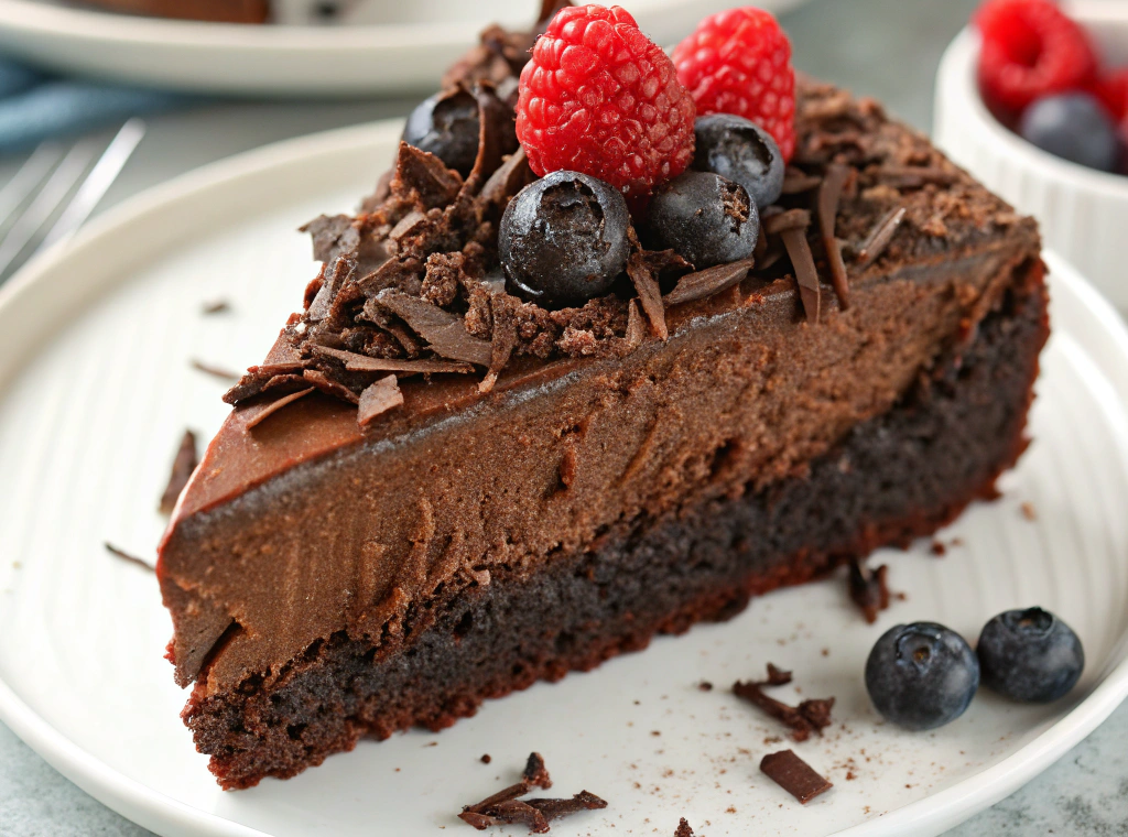 Freshly baked vegan chocolate cake with frosting.