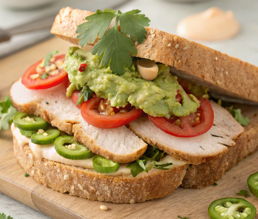 Spicy turkey avocado sandwich with jalapeños and sriracha mayo, vibrant.

