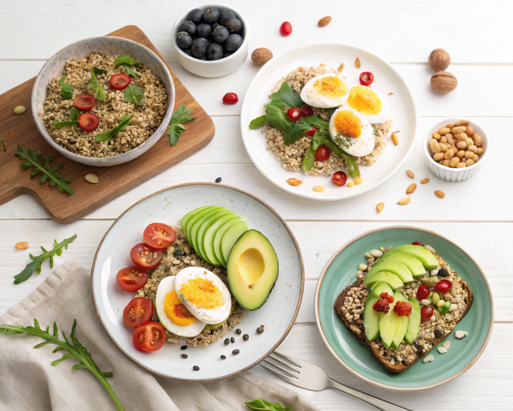 Beautiful overhead shot of a balanced breakfast recipe .