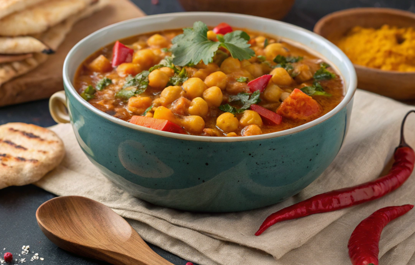 A bowl of chickpea curry with rice in a bright kitchen.