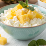 Creamy cottage cheese with pineapple in a glass bowl.