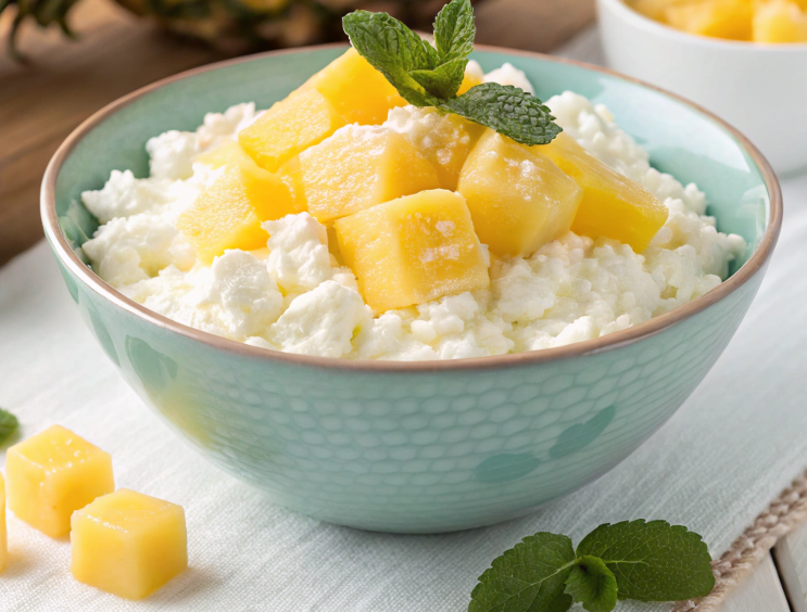 Creamy cottage cheese with pineapple in a glass bowl.