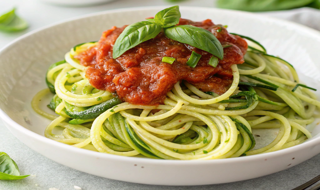 Zucchini Noodle Pasta with Tomato Sauce and Fresh Basil