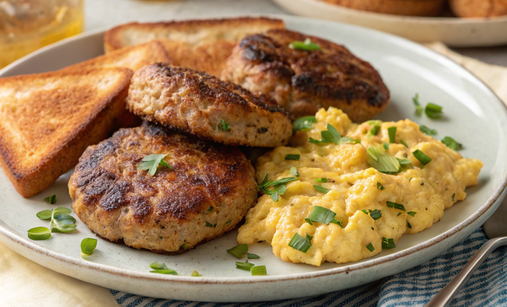 Delicious turkey sausage patties on a breakfast plate.