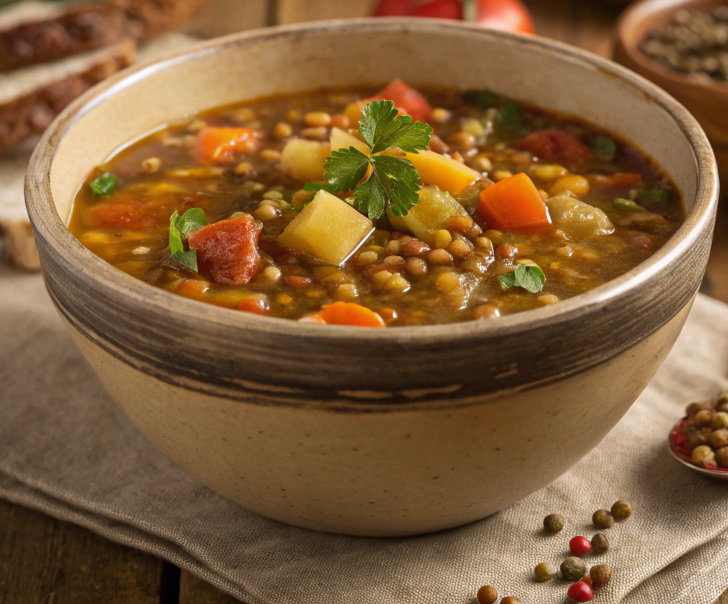 Hearty bowl of Lentil Soup with Veggies.